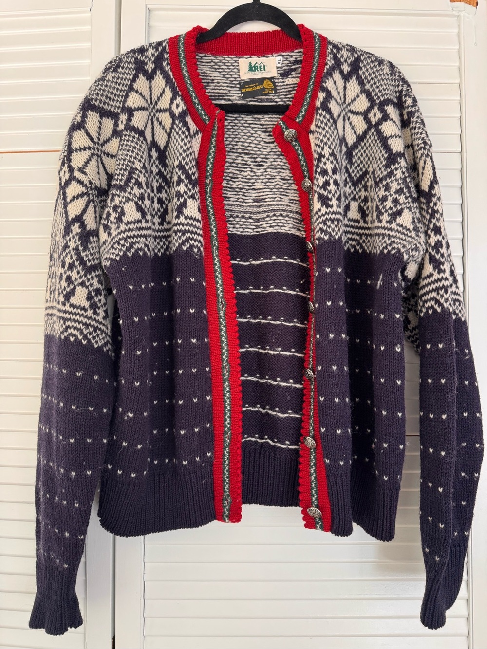 Vintage Rare REI Fair Isle Wool Cardigan Sweater - Navy & Cream with Red Trim